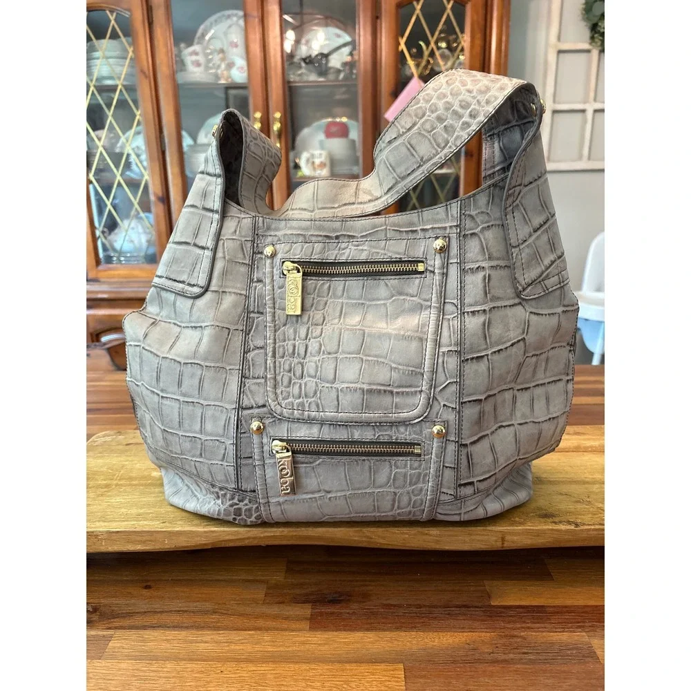 Kooba Hobo Bag Women Large Grey Excellent Croc Embossed Leather Gold Hardware